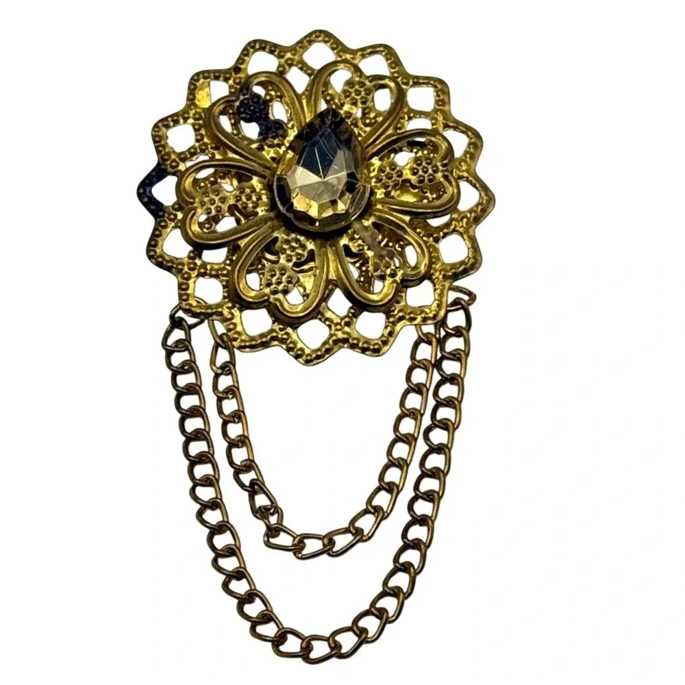 Vintage Gold Tone Sweater Guard Cardigan Clip Filigree Rhinestone Double Chain